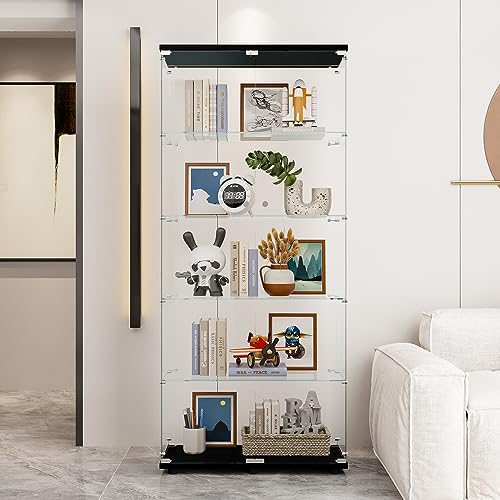 64.7" H Two-Door Display 4 Shelves, Curio Cabinets for Living Room, Bedroom, Office, Floor Standing Glass Bookshelf, Quick Installation, 64" 31" 14", Black