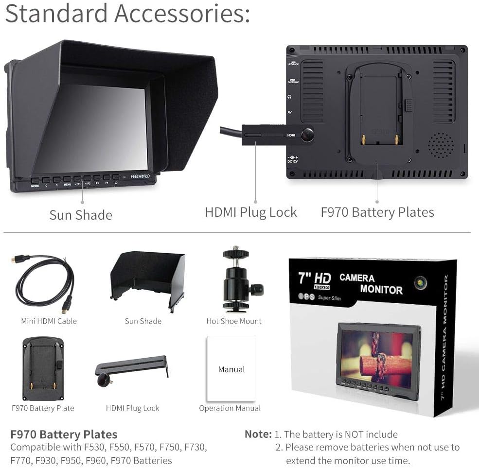 FEELWORLD FW759 7 Inch DSLR Camera Field Monitor HD Video Assist Slim IPS 1280x800 4K HDMI 1080p with Sunshade