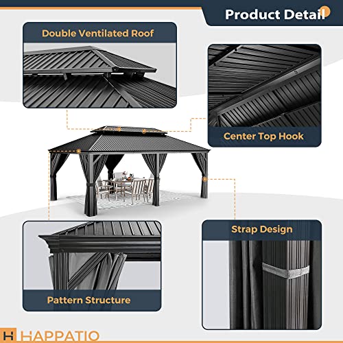 HAPPATIO 12' x 20' Hardtop Gazebo - Galvanized Steel Patio Double Roof Aluminum Gazebo with Curtains and Netting, Metal Permanent Pavilion Outdoor Gazebos for Patios, Gardens, and Lawns (Gray)
