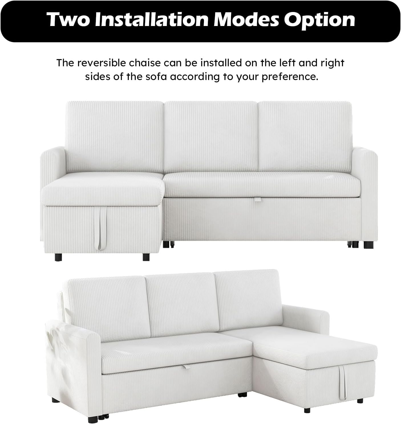 Convertible Sleeper Sofa Bed 3 in 1, Soft Corduroy L-Shaped Couches for Living Room, Small Pull Out Sectional Futon Sofa Bed with Storage Chaise and 2 Pillows, for Small Space Apartment, Beige