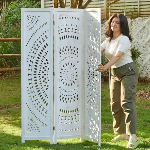 Room Divider Wood Carved Wall Divider Indoor Folding Bohemian Style Portable Partition Screen for Home Office Garden Terrace - 6 Panels (Antique, White-Washed)