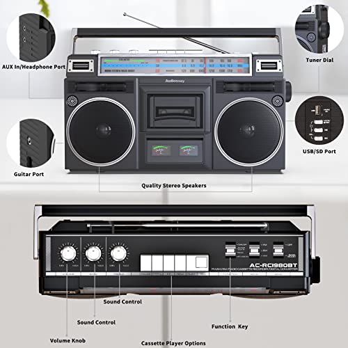 Audiocrazy Retro Boombox Cassette Player AM/FM Shortwave Radio, Portable Cassette Tape Player Recorder, Wireless Streaming, USB/Micro SD Slots Guitar/Aux in, Convert Cassettes to USB Classic 80s Style