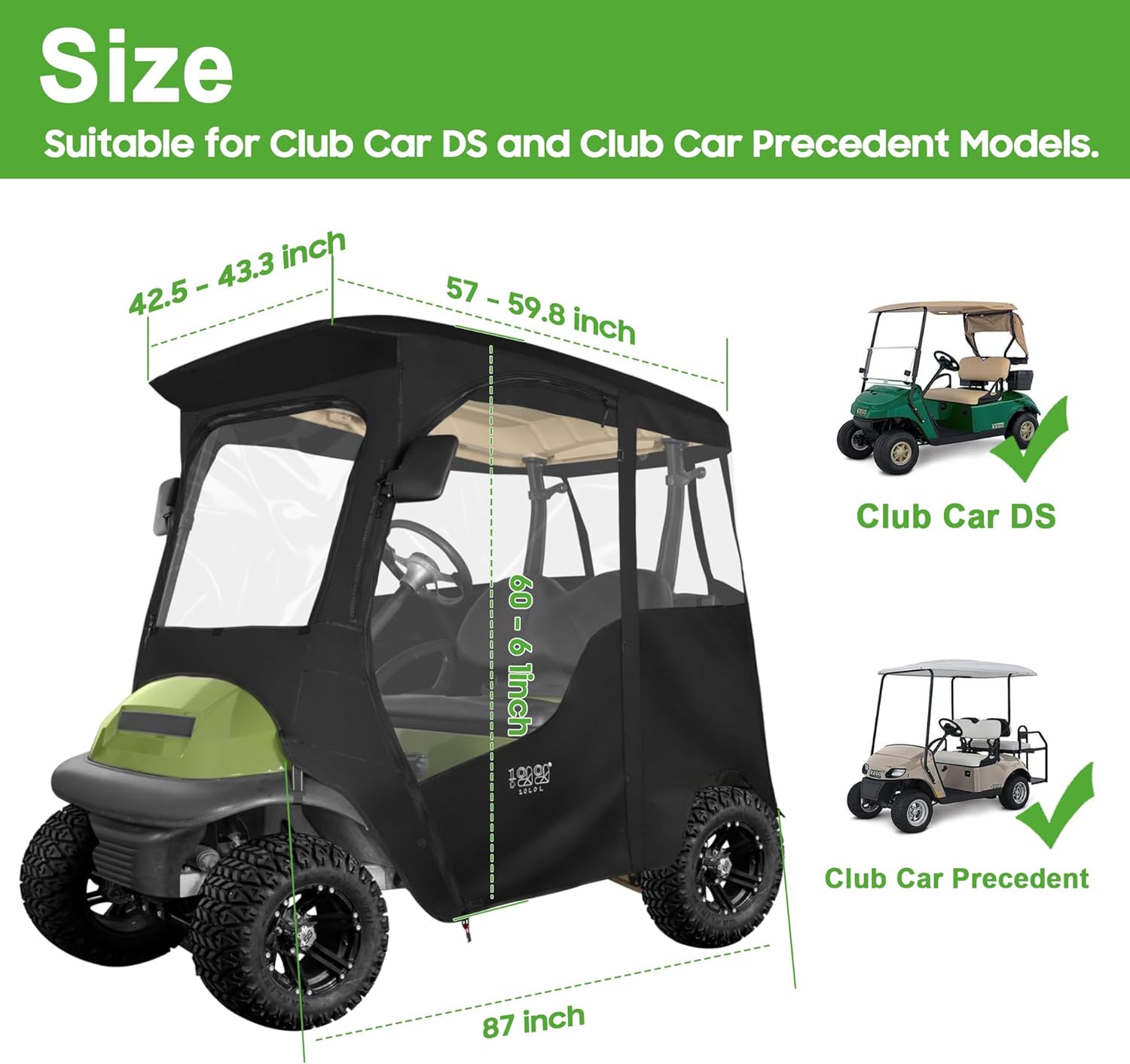 10L0L Golf Cart Enclosures 2 Passenger Club Car with Roll-Up Windshield for Club Car DS & Precedent All Weather Windproof Waterproof Rain Cover, 4-Sided Clear Window & Roll-up Zipper Door