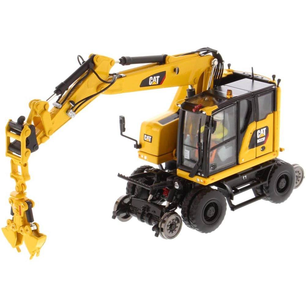 Cat Caterpillar M323F Railroad Wheeled Excavator w/Operator u0026 3 Work Tools Safety Yellow Ver. 1/50 Model by Diecast Masters