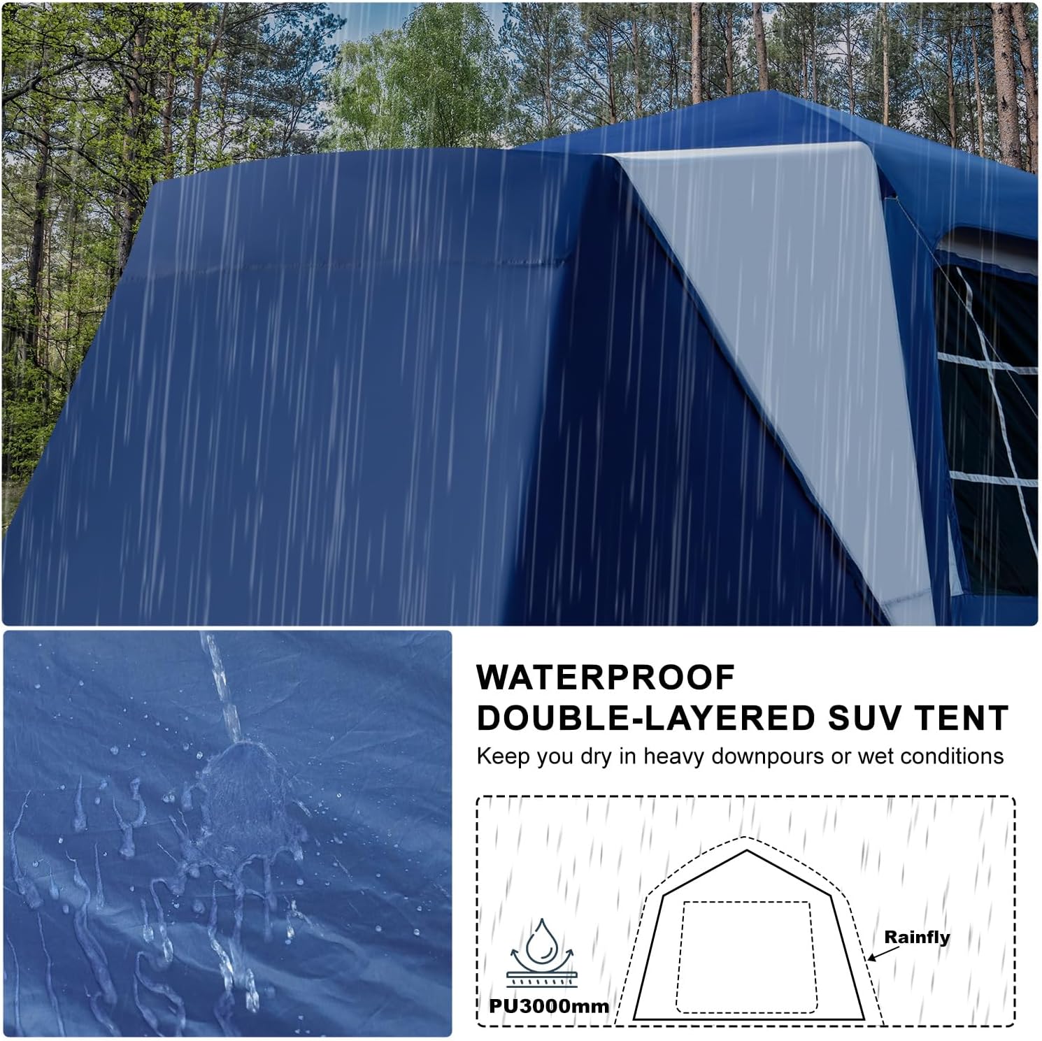 SUV Tent Attachment for Camping, Waterproof PU3000mm Double Layer Car Tailgate Tent, Large 6-8 Person SUV Tent with Sturdy Pole, 10' W X 10' L X 7.5' H