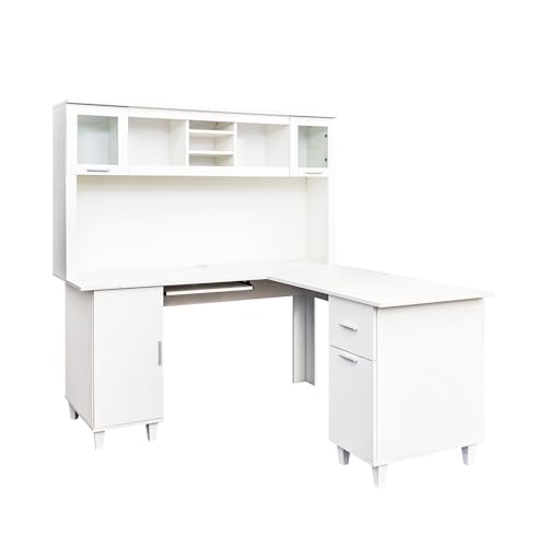 White Corner Desk L Shaped Computer Desk with Drawers and Shelves, Wooden Writing Desk with Cabinets for Home Office Study, White