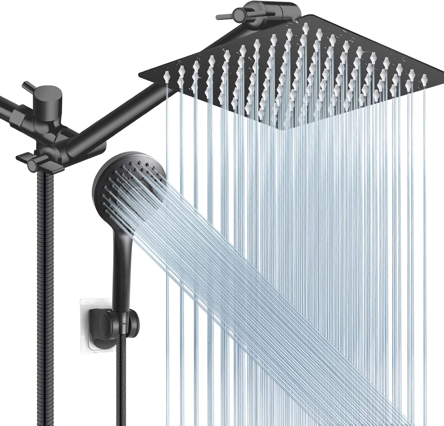 Shower Head Combo,10 Inch High Pressure Rain Shower Head with 11 Inch Adjustable Extension Arm and 5 Settings Handheld Shower Head Combo,Powerful Shower Spray Against Low Pressure Water with Long Hose Pack of 2