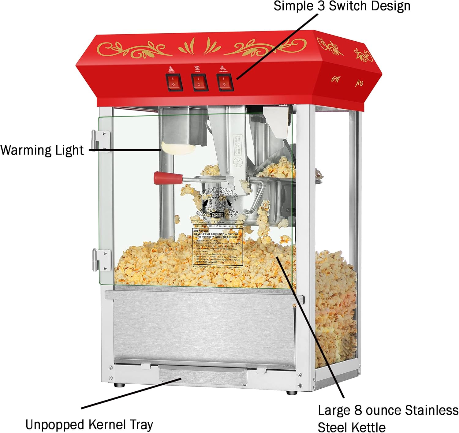 Superior Popcorn 3-Gallon Countertop Movie Night Popcorn Popper - Red