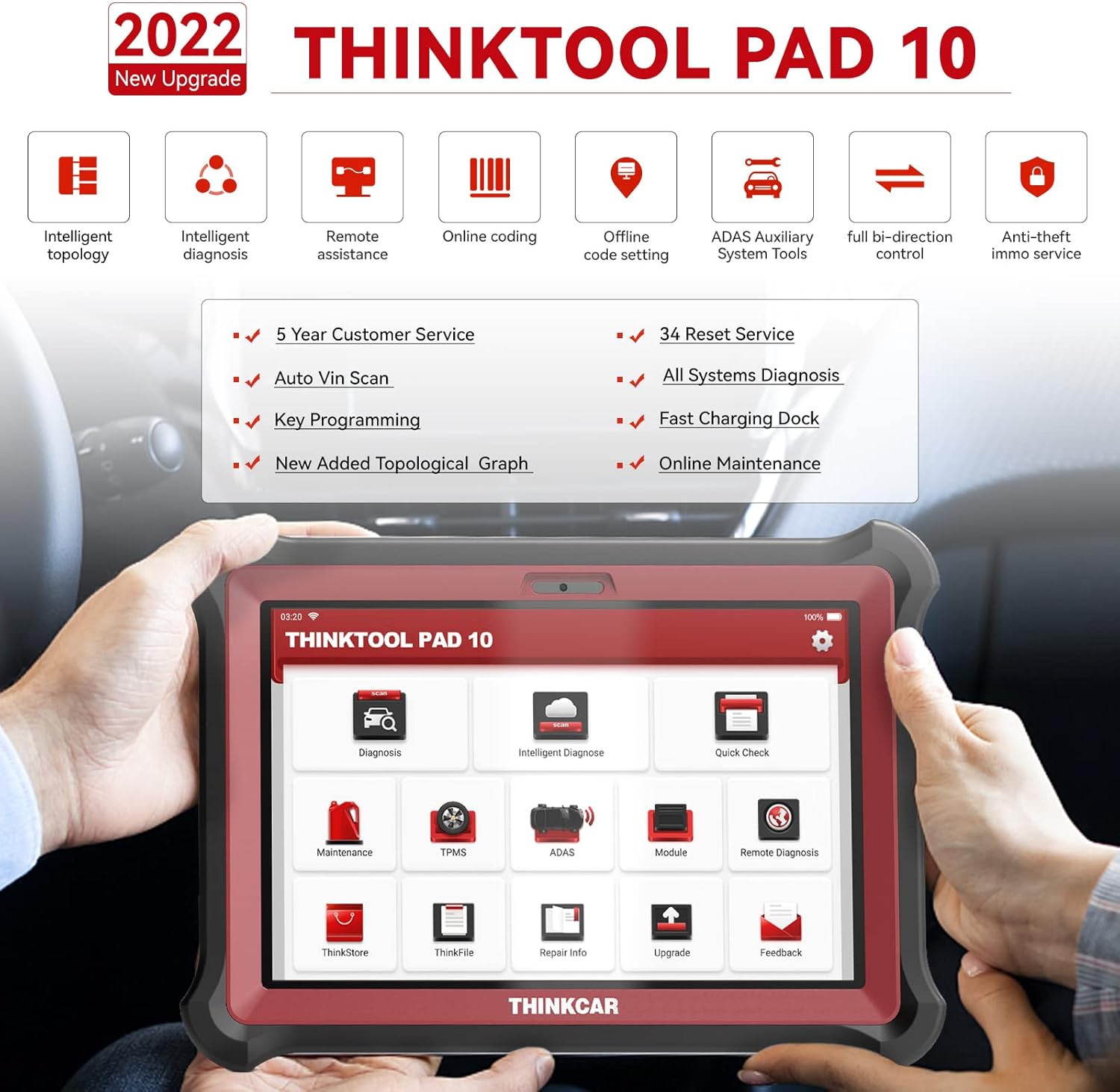 thinktool pad10 Bi-Directional Diagnostic Scan Tool, 34 Reset Services OE-Level All Systems Automotive Scanner,Active Test, Key Program, ECU Coding, Cars Connector Kits,2 Years Free Update