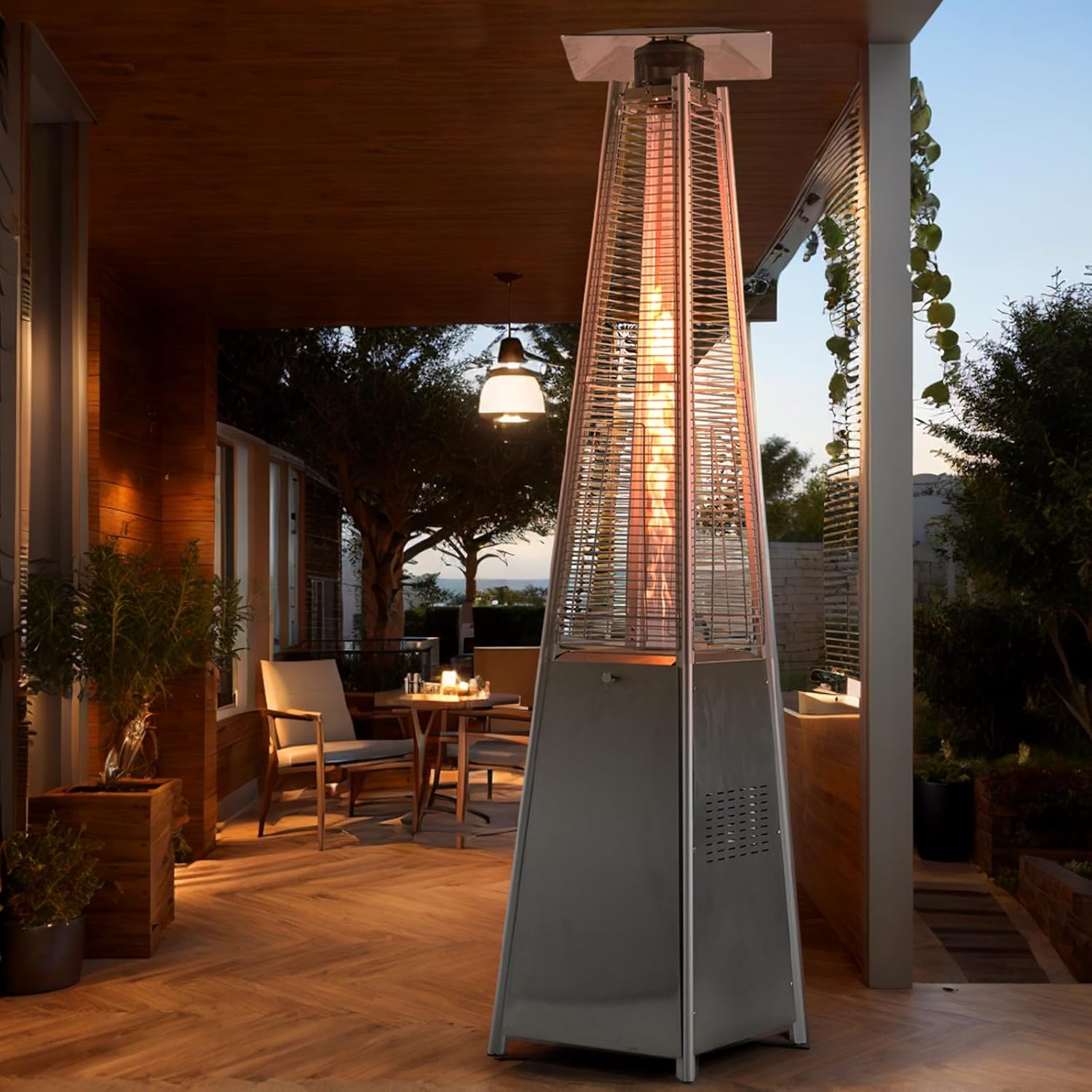 Propane Heater, Outdoor Patio Pyramid Flame Heater with Wheels and Cover, 48000 BTU Portable Propane Heater for Large Space, Outside Party, Backyard and Garden