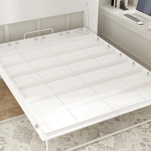 Queen Size Murphy Wall Bed, Modern Space-Saving Murphy Bed Cabinet Foldable Platform Bedframe for Guest Room Home Office, White 87.1”L x 64.6”W x 85.6”H