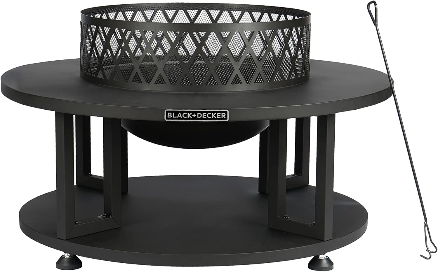 BLACK + DECKER 38" D Steel Wood burning fire pit with log storage area for entertaining backyard bonfires includes mesh lid and poker Black powder coated steel