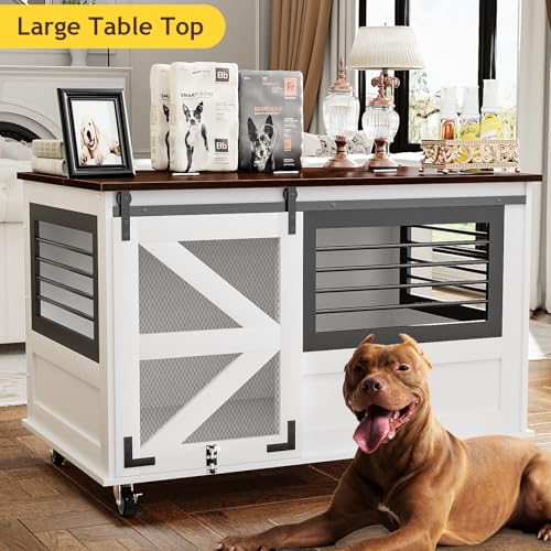 48'' Dog Crate Furniture with Removable Divider & Storage Drawers, Wooden Double Dog Cage TV Stand with 2 Sliding Barn Doors, Multi-Functional Dog Crate End Table for Indoor use (White)