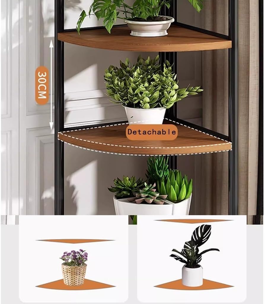5 Tier Wood Plant Stand, Indoor Corner Metal Flower Rack, Multiple Flower Pot Holder Organizer for Home Garden Patio Bathroom Office Living Room Balcony