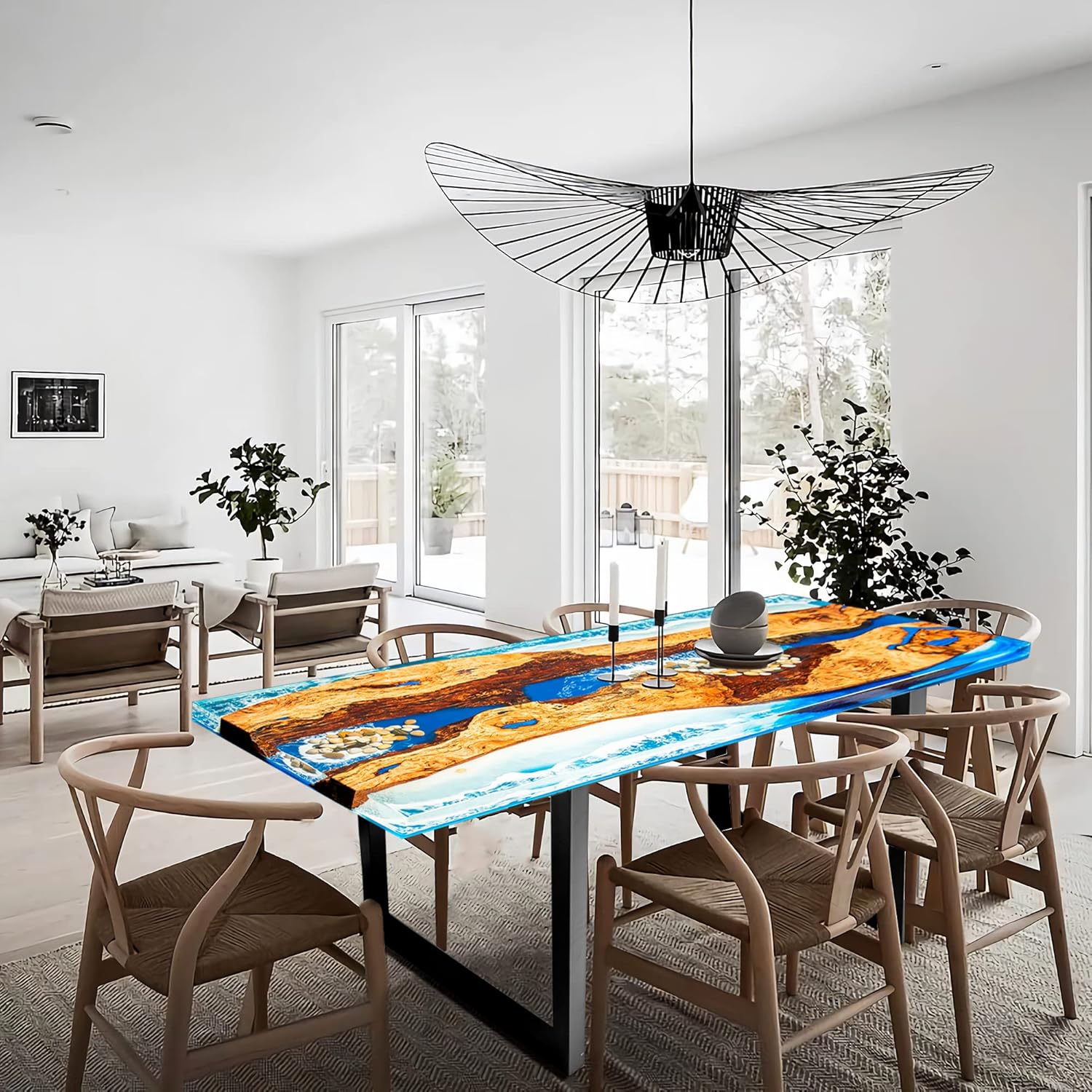 Hand Made Epoxy Resin Room Table for Home Office Living, Craft River Natural Edge Wood end Table, Blue Resin Dining Table for 2, 4, 6 Wood River Dining Table Top Large Tabletop