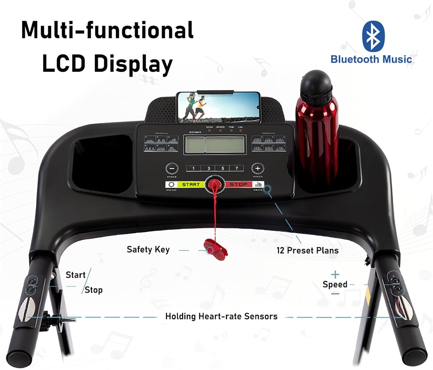Folding Treadmill with Incline 2.5HP 12KM/H Electric Treadmill for Home Foldable, Bluetooth Music Cup Holder Heart Rate Sensor Walking Running Machine for Indoor Home Gym Exercise Fitness