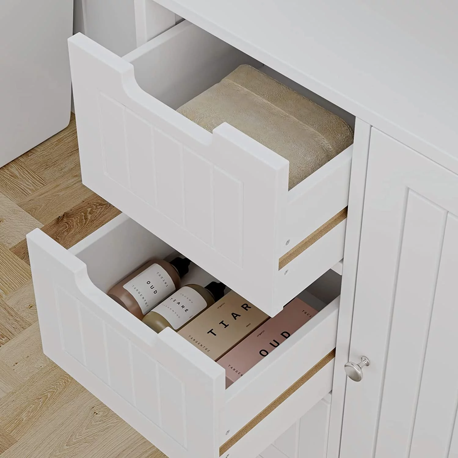 Bathroom Floor Cabinet, Free Standing Storage Cabinet with 3 Drawers and 1 Door & Adjustable Shelf, Modern Entryway Cupboard for Home Office, White