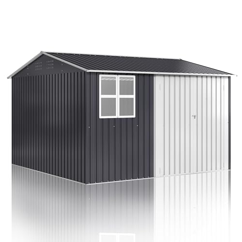 10x10 FT Outdoor Storage Shed, Metal Garden Tool Shed with Updated Frame Structure, Lockable Doors and Windows, Ideal for Backyard Garden Patio Lawn, Grey