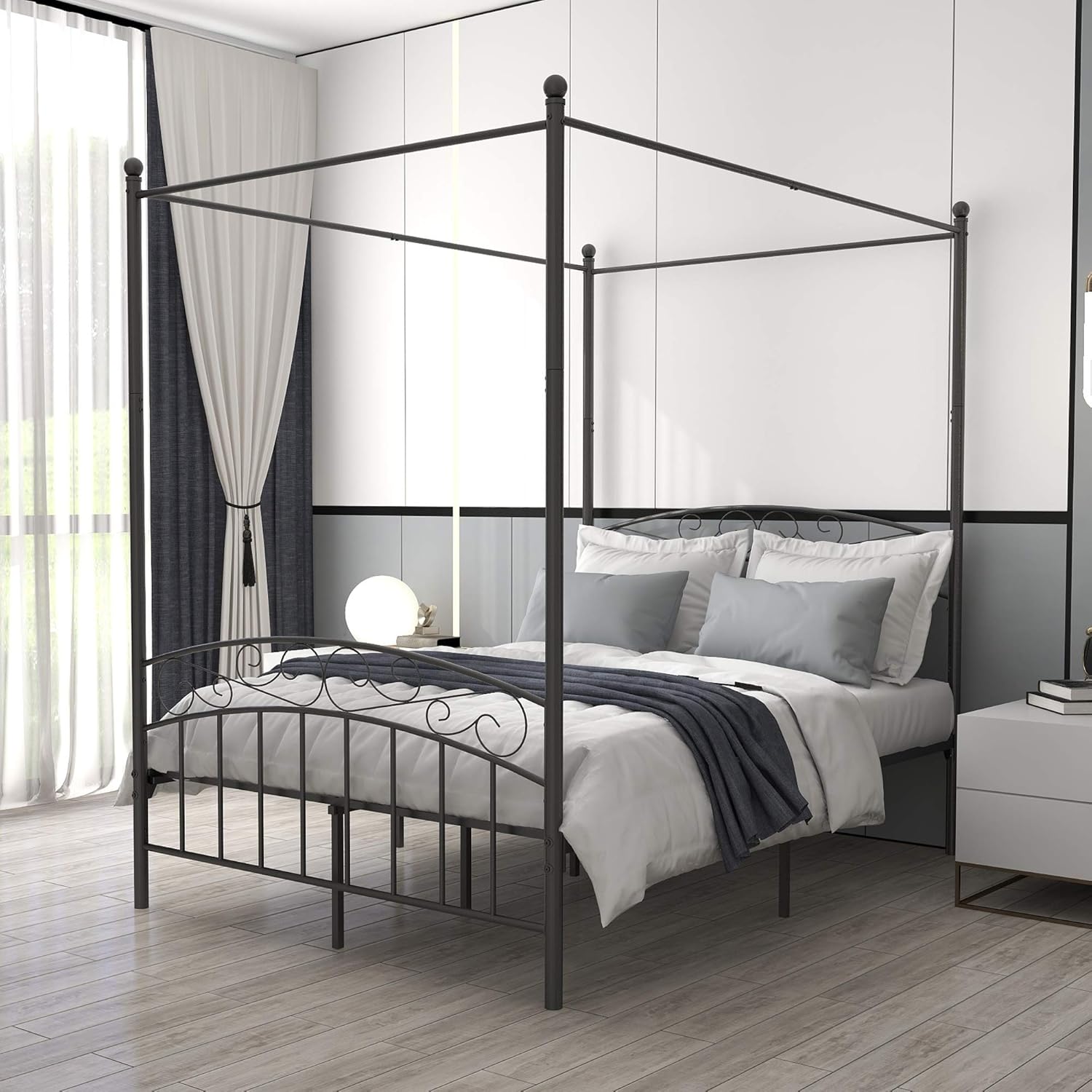 Beautiplove Queen Size Sturdy Metal Canopy Bed Frame with Headboard and Footboard,Easy Assembly,Black