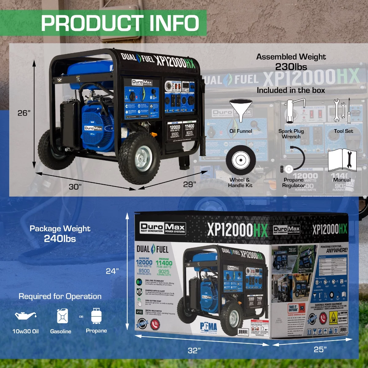 Duromax-XP12000HX DuroMax Generator Dual Fuel Gas Propane Portable with CO Alert 12,000 Watt