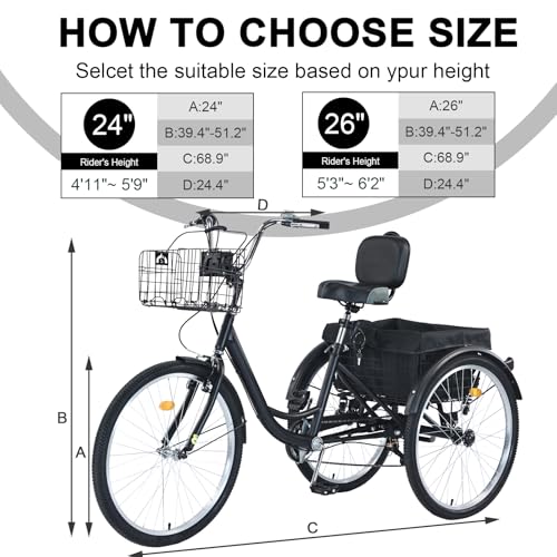 Upgraded Adult Tricycle, 7 Speed Tricycle for Adults with Front & Rear Baskets, 3 Wheel Bikes for Adults, Adult Tricycles for Women Men Seniors, Adult Trike, 26 inch Three Wheel Bikes