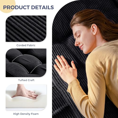 MAXYOYO Tri-Fold Mattress, 6 Inch Tufted Folding Mattress Full Foam Bed, Foldable Floor Mattress Guest Bed Mattress Topper Portable Camping Sleeping Bed with Corded Fabric, Black, 53"x75"