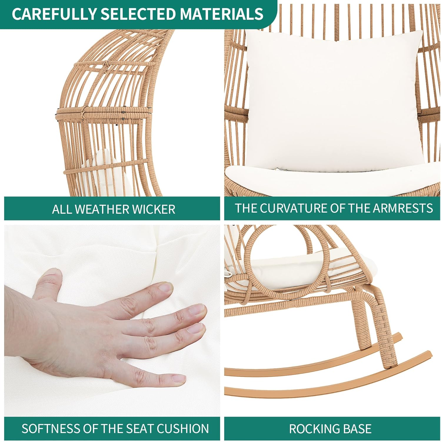 YITAHOME Rocking Egg Chair Outdoor, 370lbs Capacity Wicker Patio Basket Chair, All-Weather Small Egg Lounger Chair for Indoor Outside (Beige)