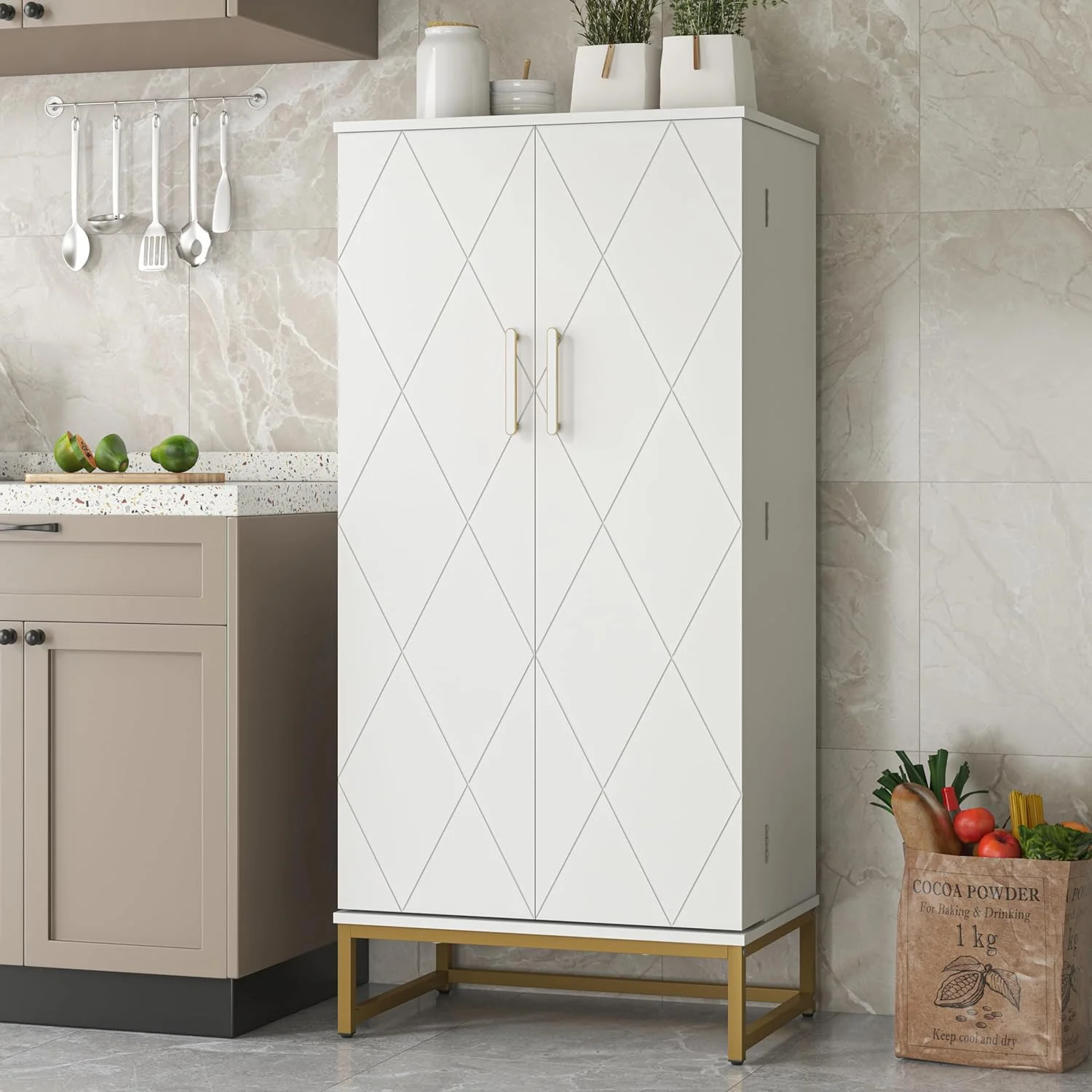 51” Pantry Cabinets, White Freestanding Kitchen Pantry Storage Cabinet with Adjustable Shelves, Buffet Cupboards Storage Cabinet for Home Office Use, White + Gold
