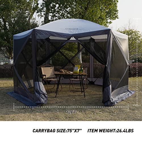 Pop Up Instant 12'x12' 6 Sided Gazebo Screen House for Camping 8-10 Person, for Backyard, Camping, Outdoor, Grey