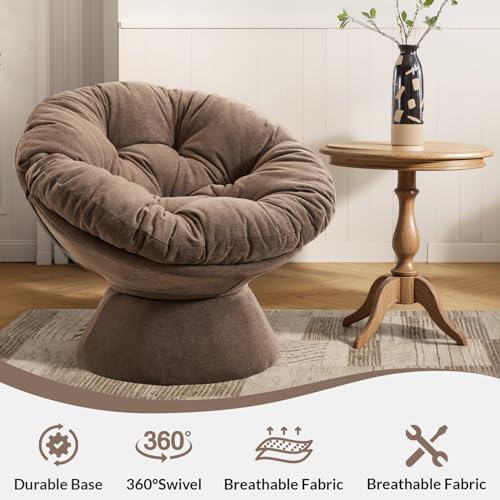 Modern Chenille Upholstered Papasan Chair 360° Swivel Accent Chair with Tufted Backrest,Comfy Round Swivel Barrel Chair with Sturdy Base Oversized Reading Chair for Living Room Bedroom,Yellow