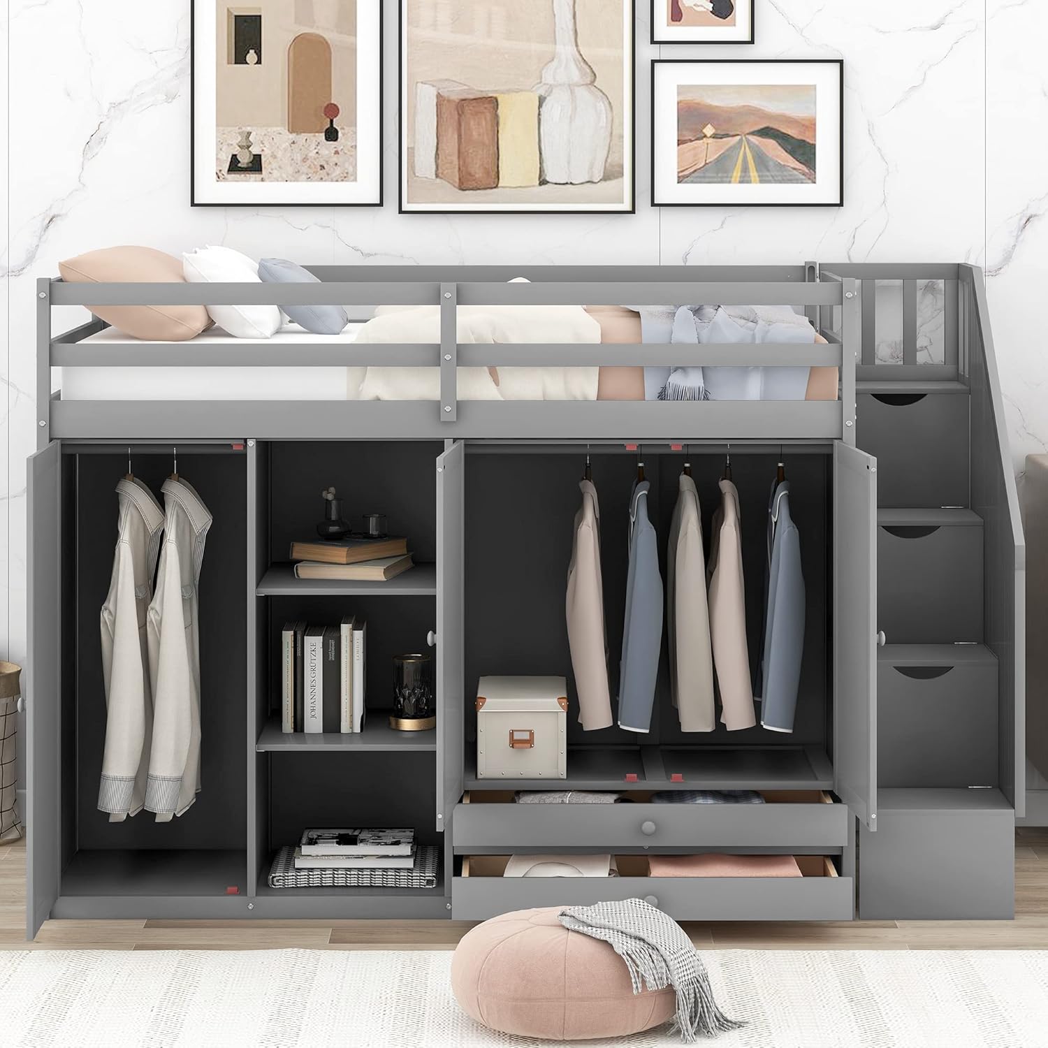 Twin Size Functional Loft Bed with 3 Shelves, 2 Wardrobes and 2 Drawers, Ladder w/Storage Stairway, Wooden Loft Bedframe, Space Saving Bedroom Furniture for Kids Teens, No Box Spring Required