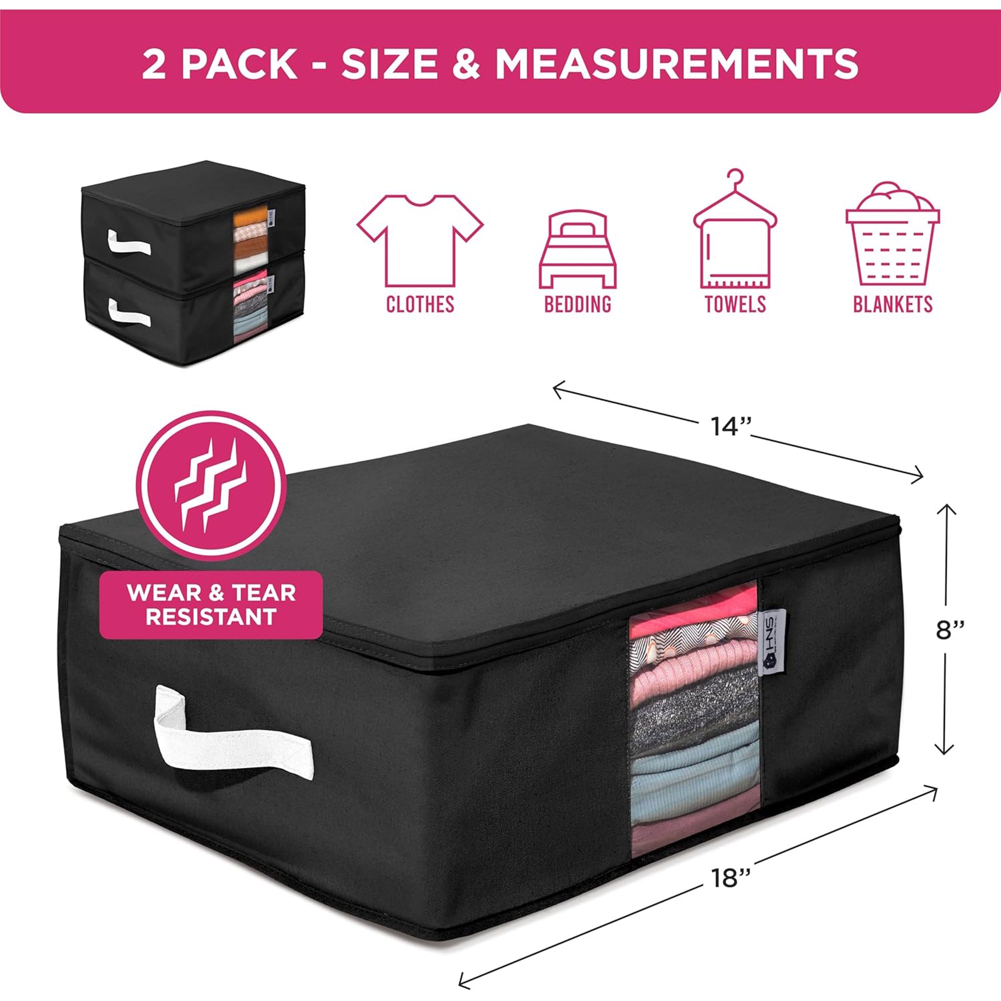 Moisture, Dirt &amp; Dust – Set of 2 Underbed Storage Bags for Clothes, Cashmere Sweaters, Bedding &amp; More - Underbed Storage - Black, Cedar Clothes Storage Bag Organizer – Protects from Moths