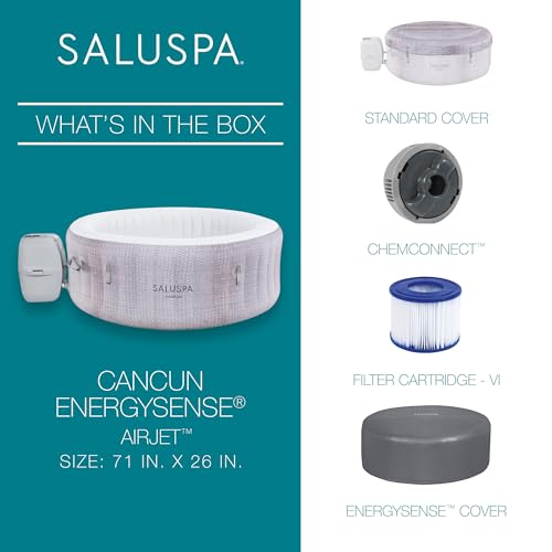 Bestway SaluSpa Cancun AirJet 2 to 4 Person Inflatable Hot Tub, 71 x 26 Inch Round Portable Outdoor Spa with 120 Soothing Jets and Cover, Gray