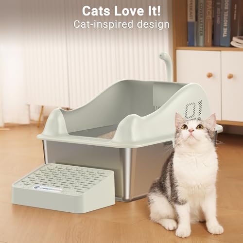 Stainless Steel Litter Box, XL Metal Litter Box with High Wall Sides, Stainless Steel Litter Box with Lid, Never Absorbs Odors, Non-Sticky, Anti-Urine Leakage-Grey