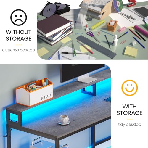 SEDETA L Shaped Gaming Desk, 66" Home Office Desk with File Drawer & Power Outlet, Corner Gaming Computer Desk with Led Lights, Monitor Shelf and Printer Storage Shelves, Two Person Desk, Black