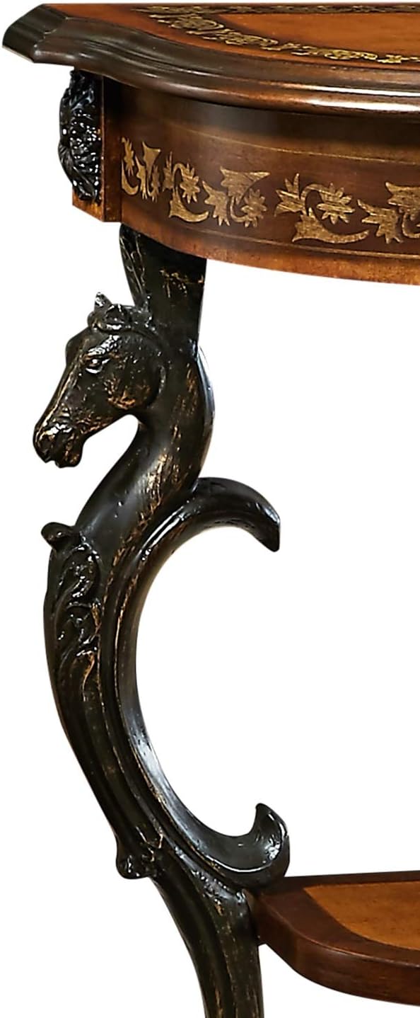 Powell Masterpiece Floral Demilune Console Table with Horse Head and Hoofed-Foot Cast Legs and Display Shelf