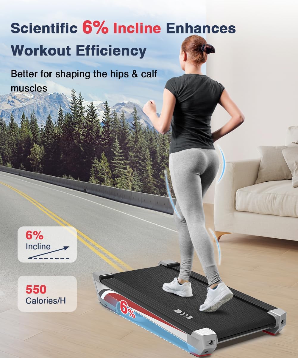 Redliro Walking Pad Treadmill with 6% Incline, Under Desk Treadmill 350+ lb Capacity Portable for Home & Office, Compact Mini Jogging Machine for Small Space Installation-Free with Remote Control