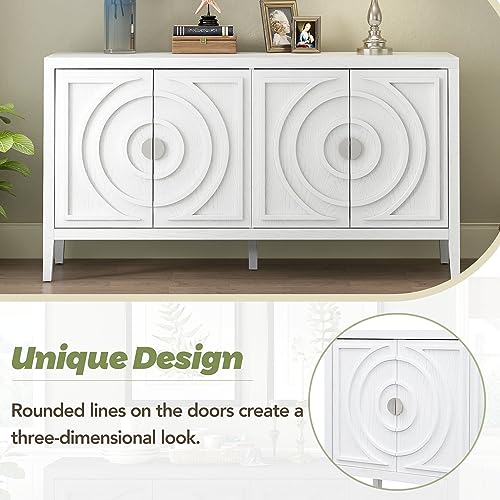 Sideboard Cabinet, Retro 4-Door Large Storage Space Buffet Cabinet with Adjustable Shelves and Circular Groove Design for Kitchen, Dining Room, Living Room (Black)