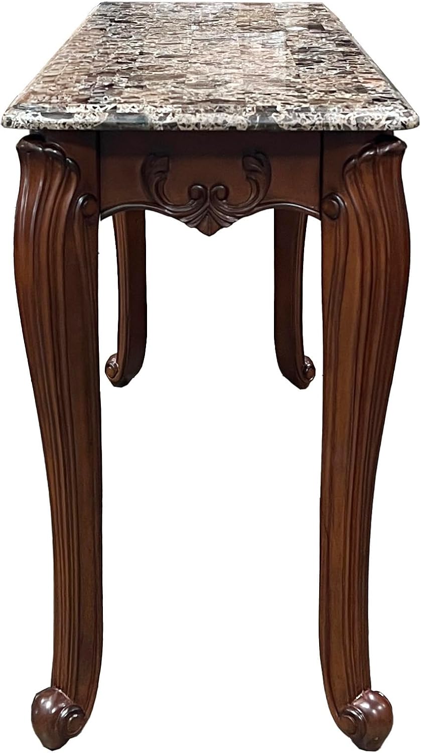 Acme Nayla Marble Rectangular Sofa Table with Floral Legs in Cherry