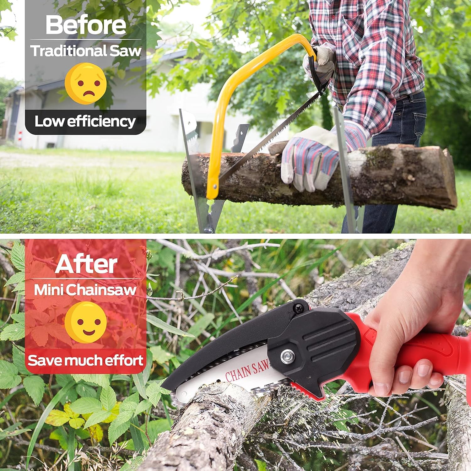 Mini Chainsaw, RLSOO Upgraded 4-Inch 24V Battery Powered Cordless Chainsaw, Portable One-Handed Rechargeable Electric Chainsaw for Tree Trimming Branch Wood Cutting（2 Batteries, 2 Chains Included） Pack of 2