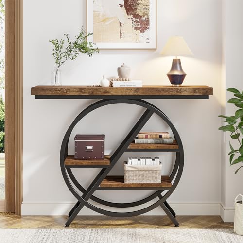 Tribesigns Console Table, 39.4-Inch Entryway Table with Thickened Tabletop, 4- Tier Industrial Narrow Hallway Sofa Table with Geometric Metal Frame for Living Room, Entryway, Rustic Brown