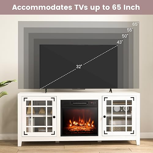 Tangkula Fireplace TV Stand for 65 Inches TVs, 58 Inch TV Console with Electric Fireplace Insert, Adjustable Shelves, Remote Control, 3-Level Flame Brightness, Entertainment Center for Living Room