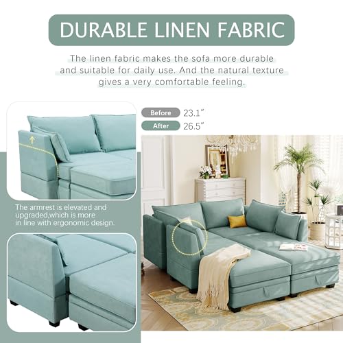 Loveseat U-Shape Sectional, Convertible Bed Chaise for Living Room with Ottomans Reversible Modular Sofa 6 Seater Couch with Storage Seat, Green