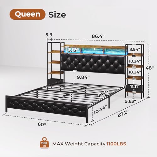 DICTAC Bed Frame King Size with Bookcase Storage Headboard and Charging Station King Size Metal Led Platform Bed with LED Lights and Upholstered Headboard,King Size Bed,No Box Spring Needed,Black