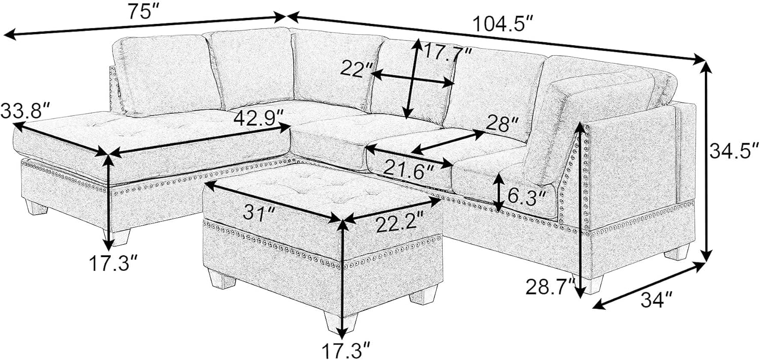Yoglad Reversible Sectional Sofa with Storage and Chaise Lounge Couch, Wooden Frame L-Shaped Corner Sofa Set with Ottoman, Furniture Set for Living Room (Black)