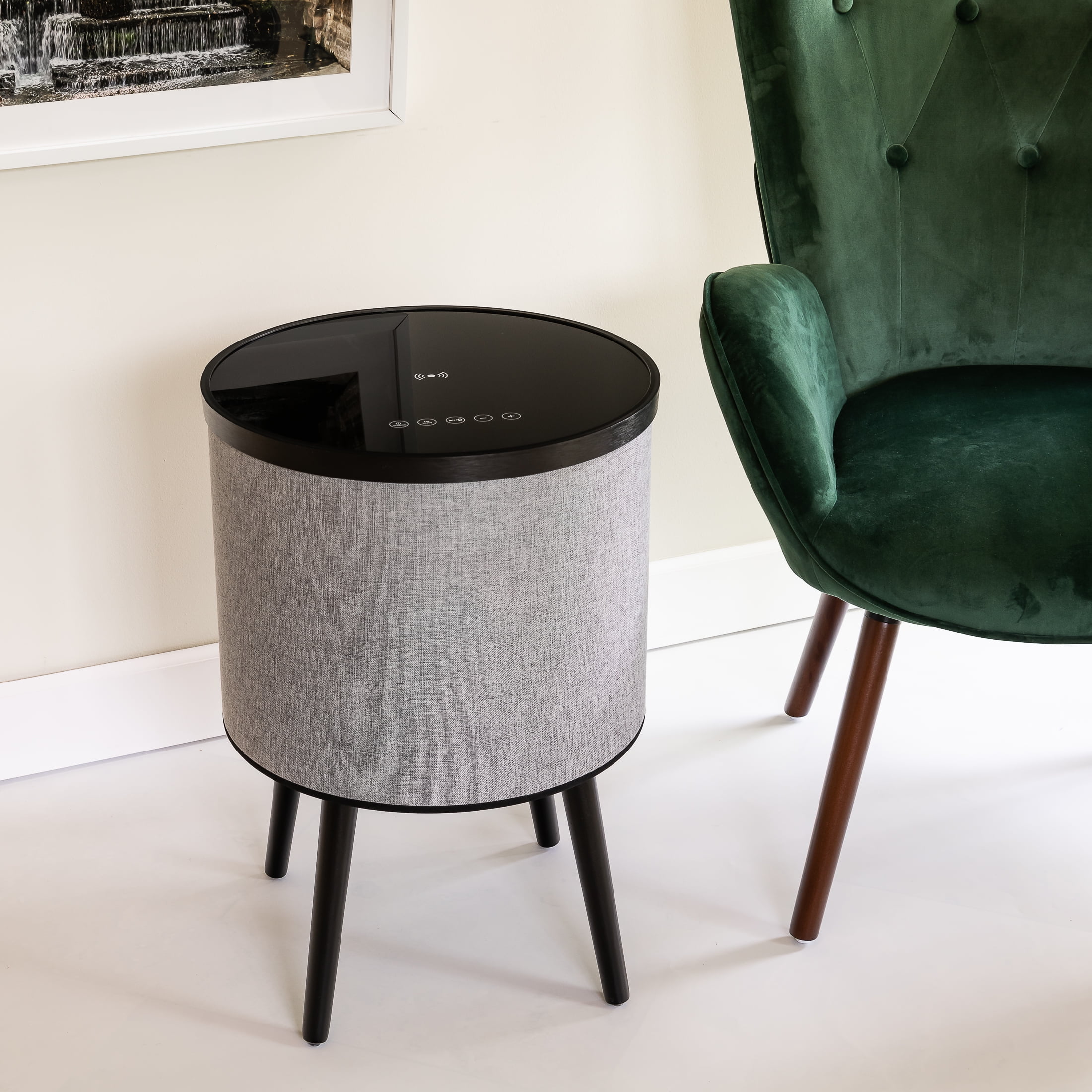 DecorTech Round Bluetooth Speaker End Table with Wireless Charging, Gray