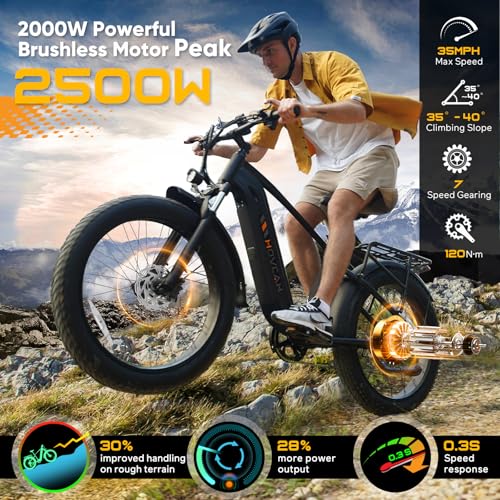 EB60 26" Fat Tire Electric Bike for Adults,2000W Motor Peak 2500W Up to 35MPH&70Miles,48V 20.8AH Hidden Battery,Commuting Electric Mountain Bike, 7 Speed Gear, Hydraulic Brake Ebike