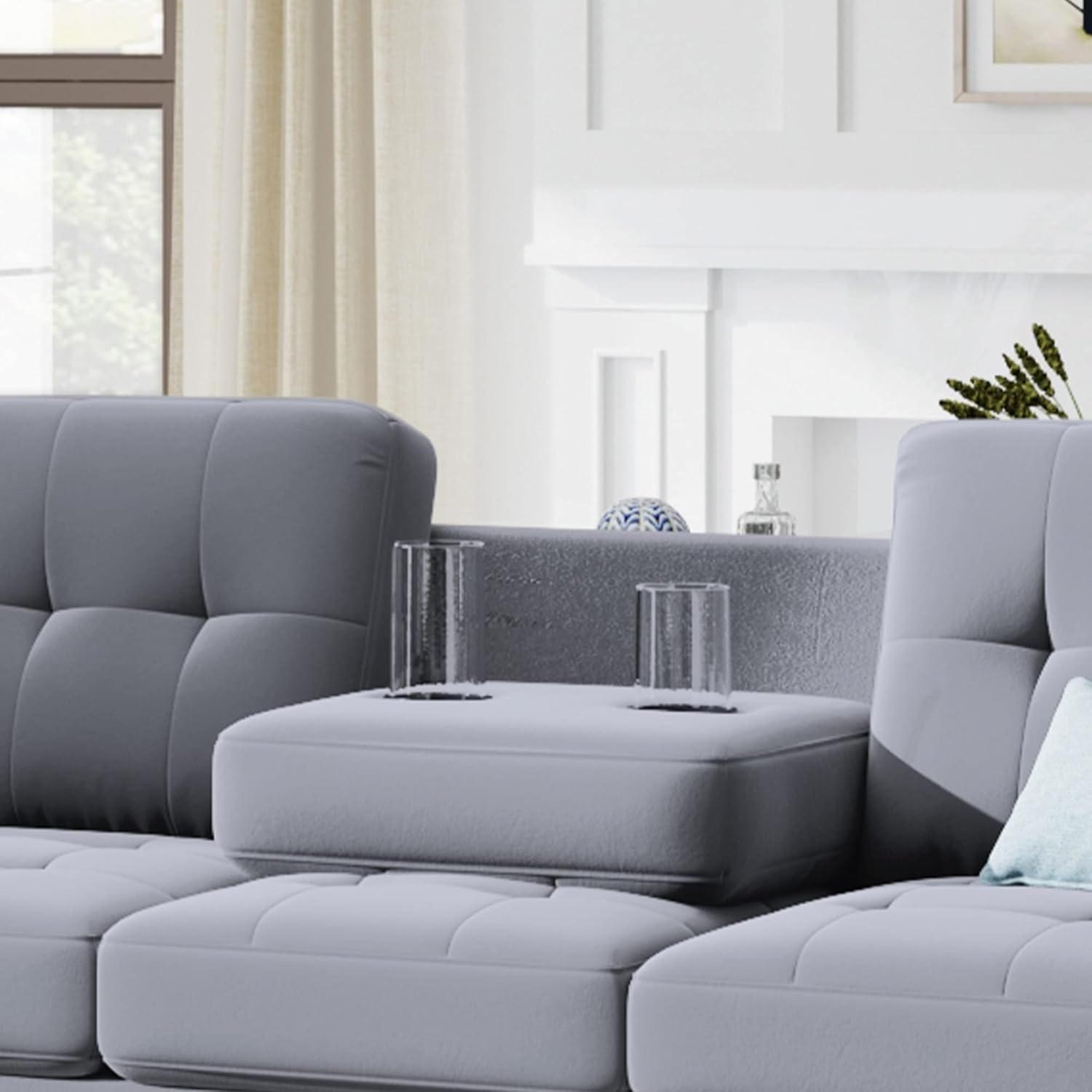 Linen Upholstered Sofa Set with Reversible Sectional Chaise, L Shaped Couch Foldable with 2 Cup Holders, Ottoman with Storage, for Living Room, Guest Room, Home Theater, Office, Light Gray