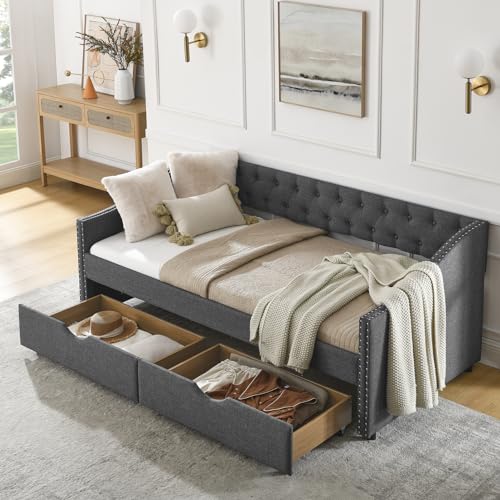 Wood Queen Size Daybed, Day Bed Frame with 2 Storage Drawers, Upholstered Bed Frame Queen Sofa Bed with Button and Nailhead Design for Bedroom Guest Room, No Box Spring Needed, Black