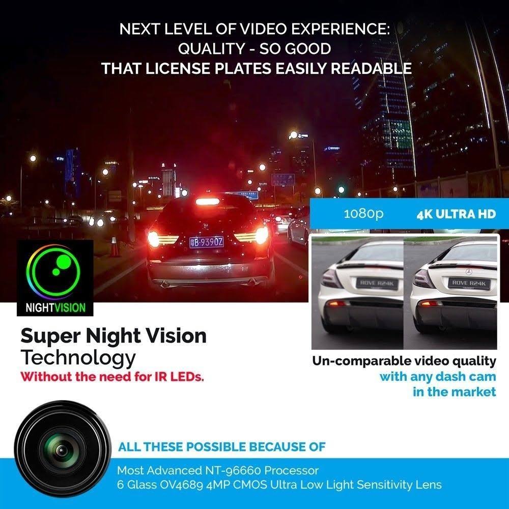 Rove R2-4K Car Dash Cam - 4K Ultra HD 2160p - Built-In WiFi u0026 GPS, PA